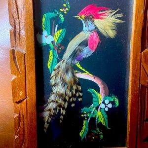 Vintage Mexico Hand Painted Exotic Birds with Real Feathers Wooden Frame…